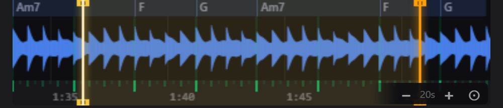 TransposeAny chord lane: the progression Am7, F, G, Am7, F, G detected from the audio and written above the waveform at the beat where each change lands, with loop start and end markers set around the passage. Above it, the current and next chord readout changes as the playhead crosses each change.