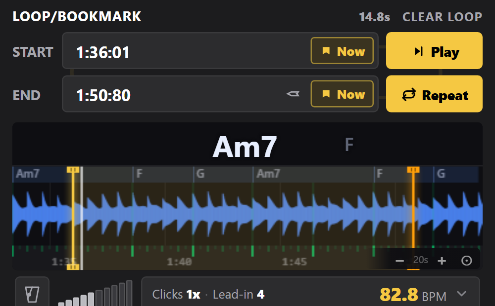 The loop start being dragged in the TransposeAny panel: the start marker moves from beat to beat and the START time and loop length change with it.