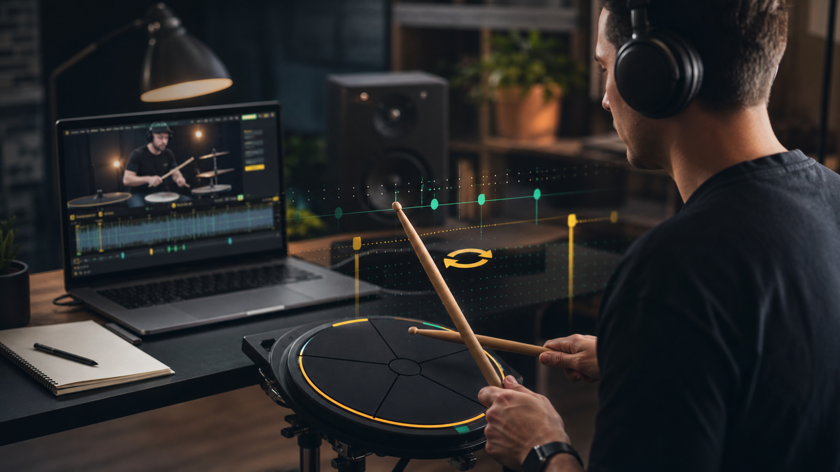 Percussion learner practicing timing from a video lesson with beat markers.