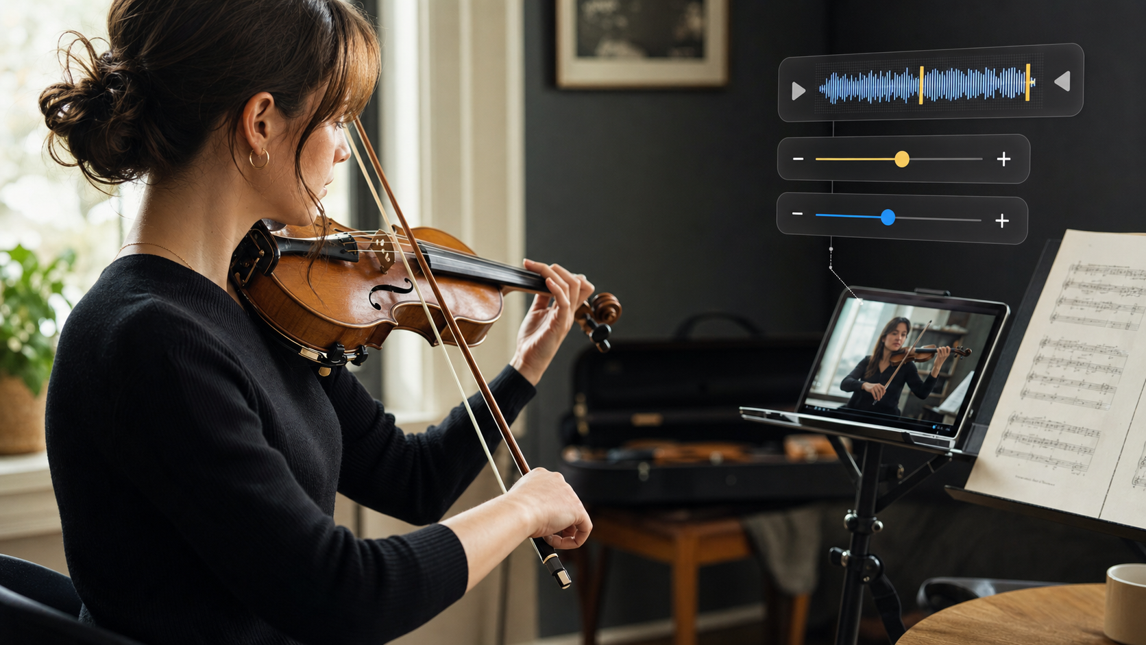 Violin learner practicing from a video lesson with pitch and tempo controls.