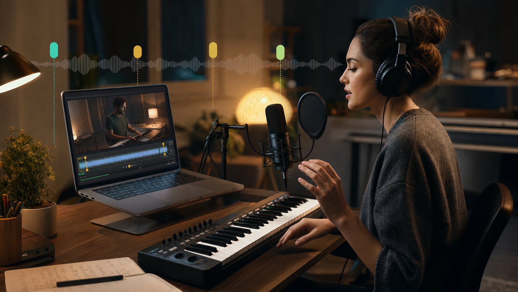 Singer and keyboard learner practicing from a video lesson with waveform markers.
