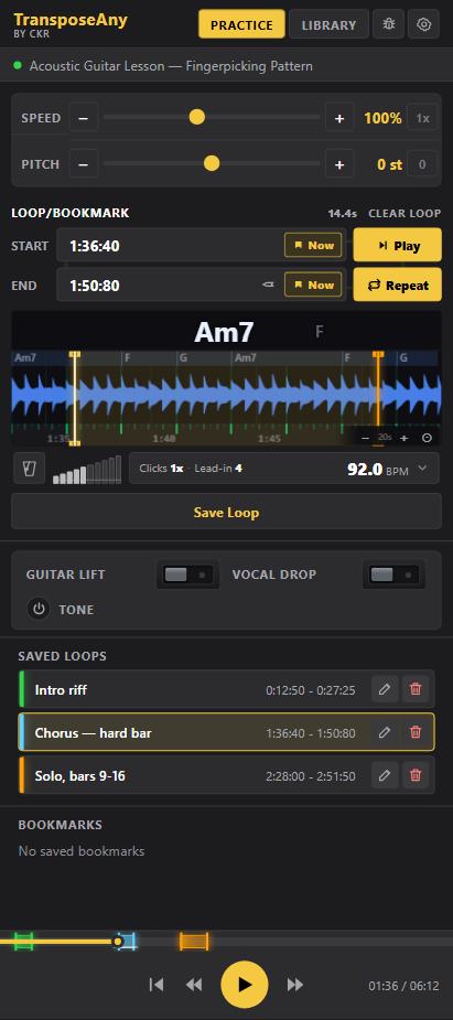 TransposeAny side panel showing speed and pitch controls, an A-B loop with start and end markers, detected chord names along the waveform, and saved loops.