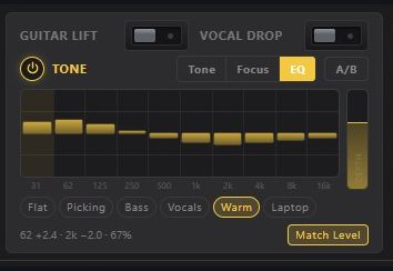 TransposeAny tone pad in EQ mode: ten graphic equaliser sliders from 31 Hz to 16 kHz set to a warm curve, with preset buttons underneath.
