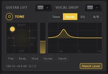 TransposeAny tone pad in Focus mode: a single band boosted at 194 Hz shown as a narrow peak in the response curve.