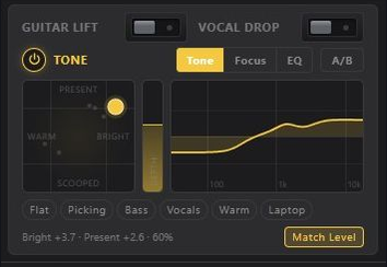 TransposeAny tone pad in Tone mode: a square pad with the puck moved toward bright and present, a depth slider beside it, and the resulting response curve rising toward the treble.